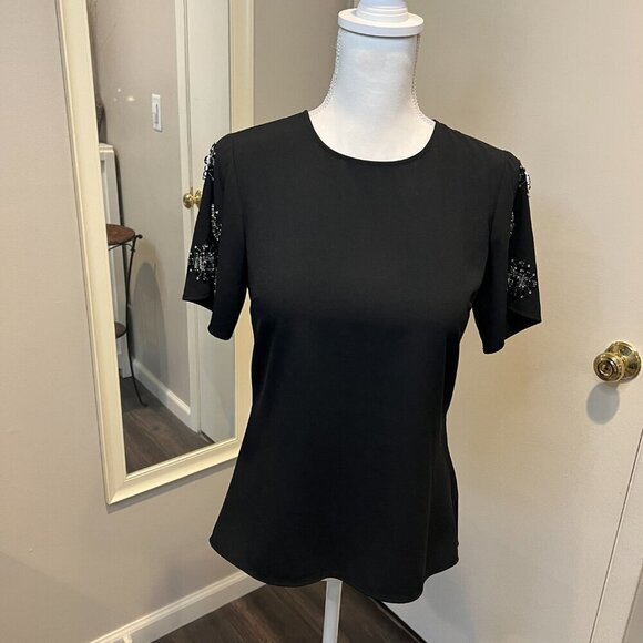 Michael Kors Black Embellished Sleeve Peplum Back Top, Size XS - Picture 2 of 15